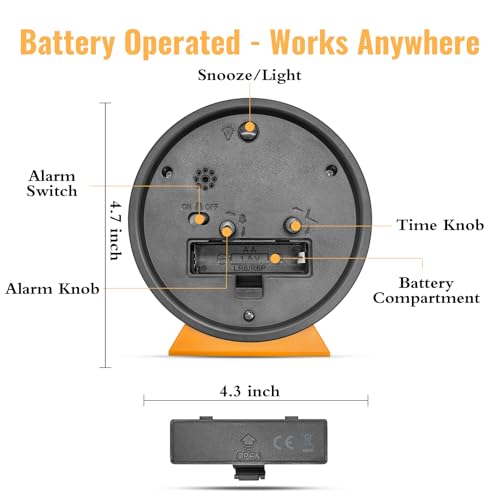Image of 4.5 Inch Small Silent Analog Alarm Clock, Retro Battery Operated Desk Clock with Night Light Stays On 4 Seconds Vintage Metal Table Clock for Bedside, Nightstand, Bedroom, Office, Bathroom - Orange