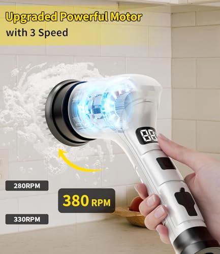 Image of Electric Spin Scrubber, Cordless Household Cleaning Brush with 6 Replaceable Heads, 3 Speeds, LED Display, Lightweight Handheld Power Scrubber for Cleaning Stove /Bowl /Sink /Corner /Tile /Grout-White