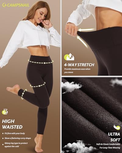 CAMPSNAIL Fleece Lined Leggings Women - Thick Soft High Waisted Black Tummy Control Thermal Warm Velvet Pants for Cold Winter