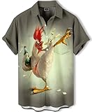 Funny Rooster Hawaiian Shirt, Button Down Short Sleeve, Party Animal Print, Olive Green