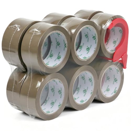 BOMEI PACK Brown Packing Tape with Dispenser, 2.4mil x 2 in x 55Yards 12 Rolls Refills Industrial Packaging Shipping Tape for Moving Shipping, Office and Storage