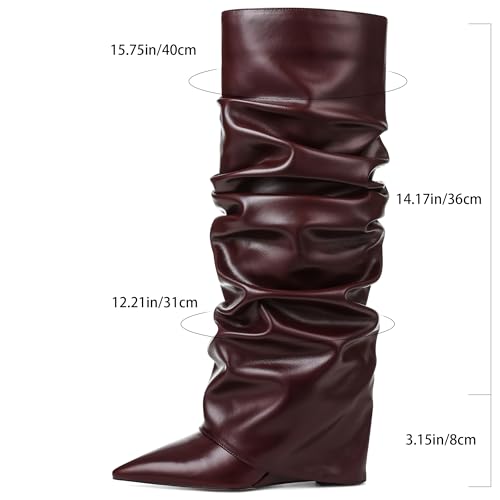 Image of Oiamenne Women's Fold Over Boots Slouch Wide Calf Knee High Boots | 3.15 inch Wedge Heel, Pointed Toe Tall Boots, Pull-on, Faux Leather Boots for Party Daily Wear