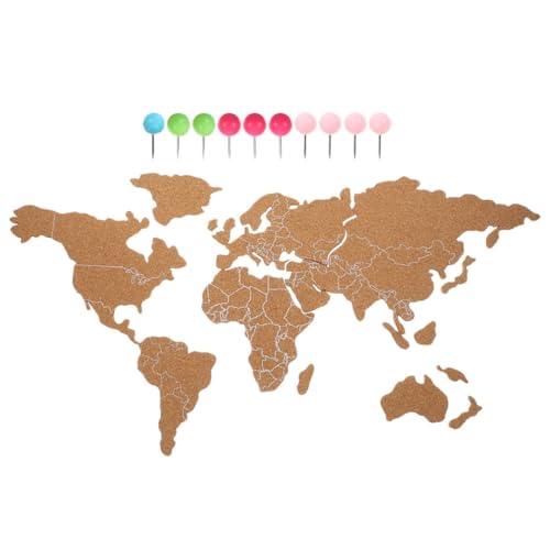 PATKAW Tablero de Corcho Decorativo Mapa del Mundo Adhesivo para Pared, Mapa Interactivo para Marcar Viajes, Uso en Hogar y Sala de Estar, Set de Corcho Chinchetas Color Aleatorio