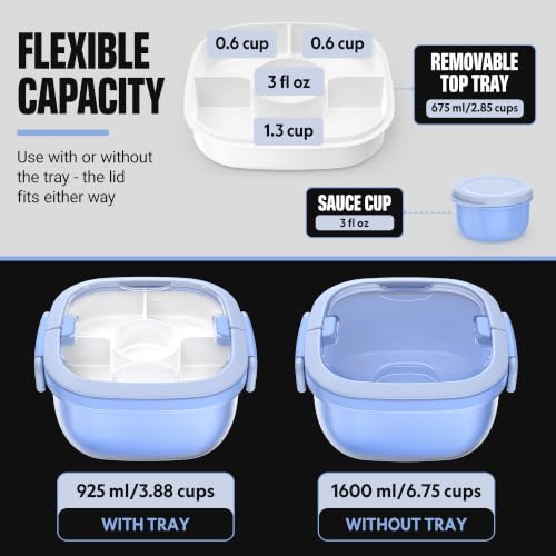Image of Salad Container with Ice Pack & Handle, 6.8 Cup / 1600ml Large Portable Salad Bowl Lunch Box with Lid, Fork Holder & Sauce Cup, 4-Compartment Removable Tray Meal Prep Bento Box, Blue