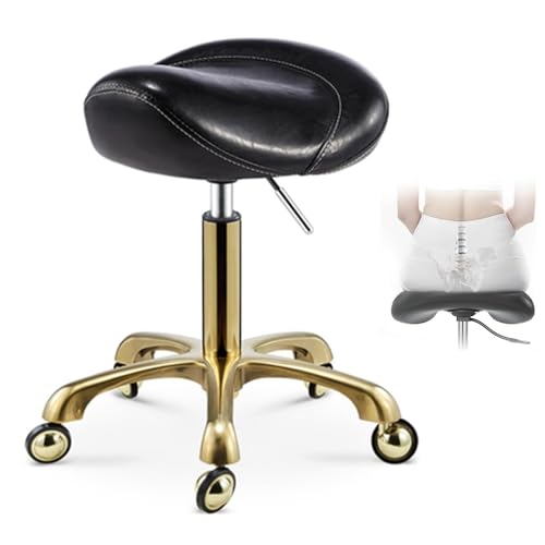 HUNTFF Taburete con Ruedas y Asiento de Silla de Montar, Color marrón y Negro, Silla de salón Profesional, Silla de Oficina ergonómica giratoria para peluqueros y esteticistas.