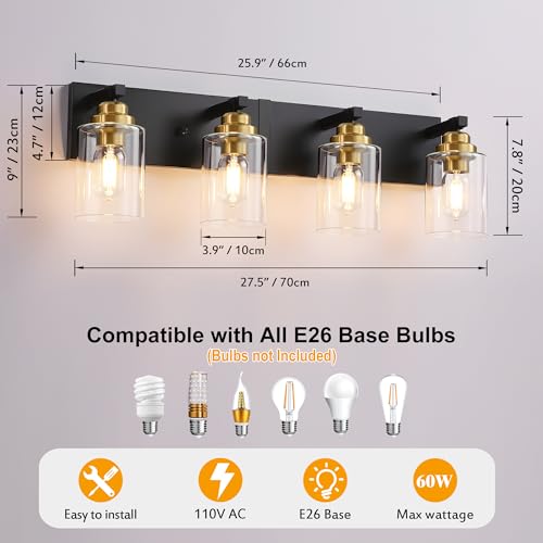 Image of Black and Gold Bathroom Light Fixture, 4 Light Brushed Gold Vanity Light, 27.5 inch Modern Farmhouse Bathroom Lighting Fixtures Over Mirror, with Clear Glass Shade, Vanity Lights for Bedroom Hallway