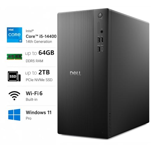 Image of Dell Pro Tower Essential Desktop PC, 14th Gen Intel 10-Core i5-14400, 16GB DDR5 RAM, 512GB PCIe SSD, WiFi 6, Bluetooth 5.4, DisplayPort, HDMI, Windows 11 Pro, Business Computer Tower