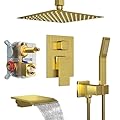 Fatspas 10 Inch Ceiling Mount Shower System with Tub Spout, 10 Inch Shower Faucet Set with Rain Shower Head High Pressure Handheld Spray Rough-in Valve and Shower Trim Included, Brushed Gold