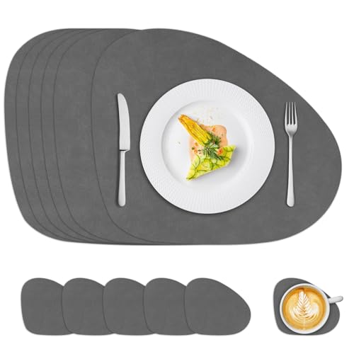6er Set de Manteles Individuales Ovalados con Salvamanteles, PVC Lavable de Doble Cara y Antideslizante, Impermeables para Cocina y Comedor, Fáciles de Limpiar (Gris/Gris Oscuro)