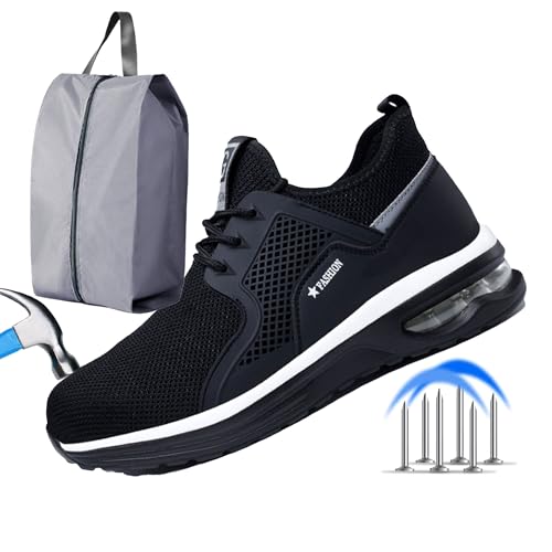 RenDiuJups Zapatos de Seguridad Verano con Puntera de Acero Zapatillas Trabajo Hombre Mujer Antiperforación & Antideslizantes Calzado Industrial Ligero para Construcción(Black,41 EU)