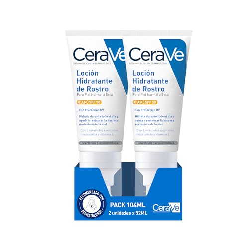 CeraVe, Loción Hidratante de Rostro SPF 50 2x 52ml, Para Piel Normal a Seca, Hidratación y Alta Protección Contra los Rayos UVB/UVA, Enriquecida con Ceramidas