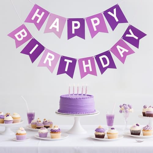 Image of Happy Birthday Banner Party Banner NO DIY Birthday Sign Purple and White
