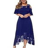 Ni_ka Robe Femme Chic à Manches Courtes Robes IrréGulièRe Et à Volants en Dentelle Jupes Femmes Grande Taille Dress Summer Noir Bleu Taille L à 5XL Ni_kadress44591