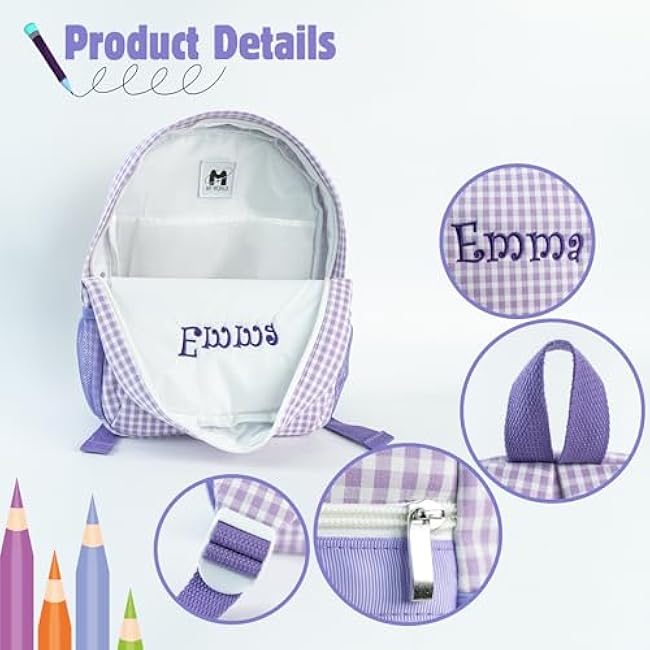 MT WORLD Daycare Backpacks with Lunch Boxes Set,Personalized Checkered Backpacks and Lunchboxes,Travel Daypack with Lunch Bag,Purple Checkered Daypack Lunchbags Set