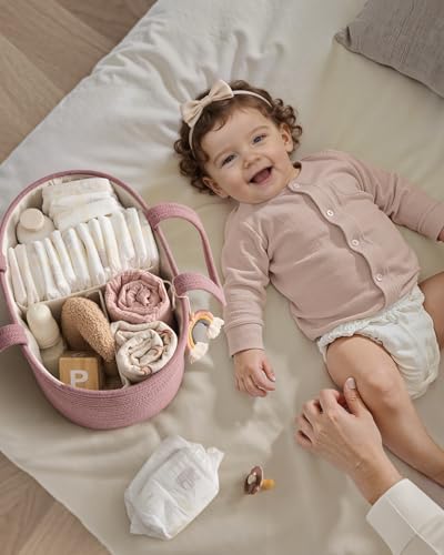 Image of Blissful Diary Baby Diaper Caddy Organizer, Cotton Rope Diaper Caddy Basket, Oval Storage Basket, Gift for Baby Shower, Newborn Essentials, Pink