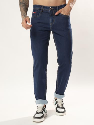 Image of Cotton Comfort Fit Jeans for Men | Full-Length Solid Denim Pants with Button Closure, Embroidered Design, Mid-Rise Casual Trousers for Daily | Classic Jeans for Office Bottoms (DI-249)