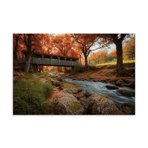 Wooden Covered Bridge, Rural Scenery, Stream, Forest, Art Posters (2)