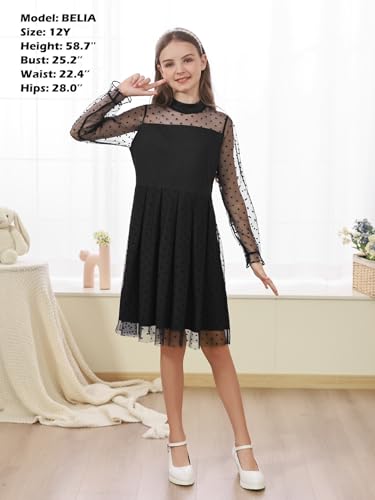 GORLYA Girls Polka Dot Mesh Long Sleeve Contrast Mock Turtleneck A-line Formal Party Tulle Dress 6-16Y4