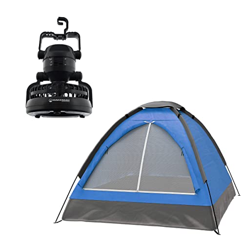 2 Person Tent – Camping Gear Set with Outdoor Dome Tent and Hanging LED Lantern Fan for Backpacking, Hiking, or Backyard by Wakeman Outdoors (Blue)