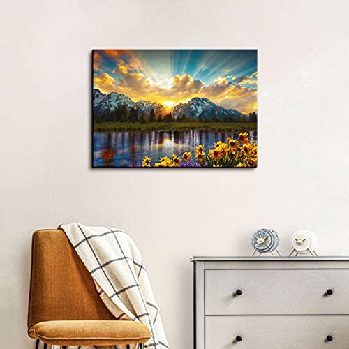 Image of Sunrise Mountain Canvas Wall Art National Park Grand Teton Landscape Picture Nature Forest Sunflower Painting for Kitchen Bedroom Sunset Lake Scenery Poster Prints Artwork Home Decorations 16x24 inch Gift