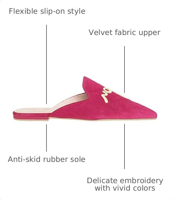 Image of Fericzot Women's Velvet Backless Pointed Toe Slip On Loafers Flats Embroidery Mule Slippers Shoes