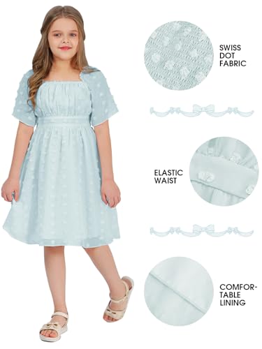 EXLURA Girls 2025 Summer Dresses Short Sleeve Swiss Dot Square Neck Flowy A Line Kids Dress Casual Party Midi Dress 6-15Y2