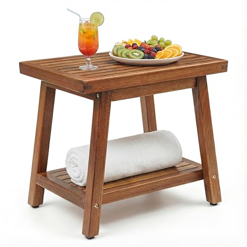 ENKEZI Acacia 16 Inches Outdoor Side Table, 2-Tier Sturdy Patio, End Table Weather Resistant, Strong Stability Side Table for Patio, Pool, Porch, Teak Finish