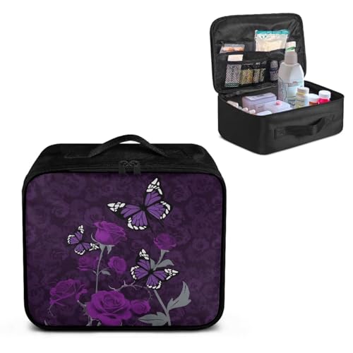 Image of Gomyblomy Purple Rose Butterfly First Aid Kit Bag for Home Car First Aid Kit Empty Emergency Kit Portable Travel Medical Supplies Storage Pouch Medicine Bag for Hiking Camping
