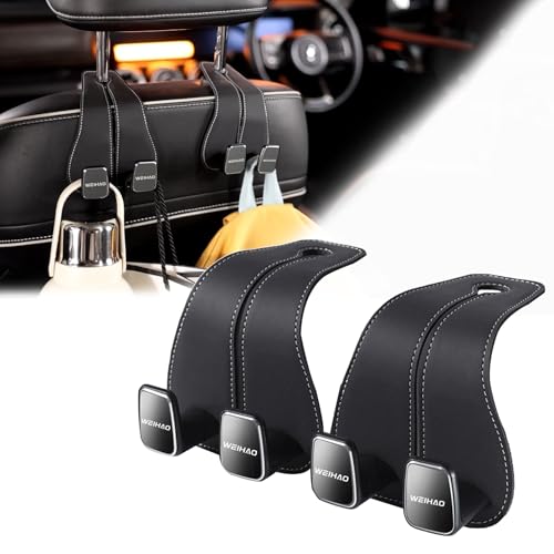 Image of WEIHAO Wide Purse Hook for Car, Twin Hook Leather Car Headrest Hangers, Car Seat Back Storage Hook, Headrest Hooks Purse Bag Holder for Car Universal Fit Sedan Trucks SUVs Most Vehicles (Black-2PCS)
