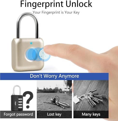 Image of Fingerprint Padlock, Keyless Biometric Lock, Water-Resistant, USB Rechargeable Smart Lock for Bookcases, Bikes, Sports Lockers, Storage, Blue
