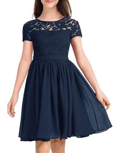 YOVION Flower Girls Dress Crew Neck Elegant Lace A-Line Formal Wedding Party Dresses for 6-12 Years