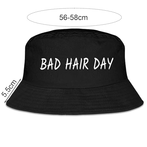 Fischerhut Lustig Schwarz “Bad Hair Day” Bucket Hat Anglerhut Sommerhut für Damen Herren Hut mit Spruch für Teenager Junge Mädchen
