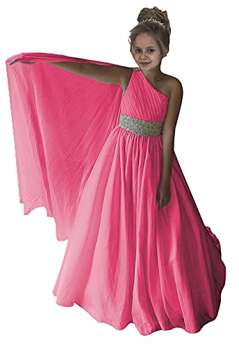 Junguan Girls One Shoulder Pageant Dress Chiffon Princess Kids Birthday Party Gowns with Flowy Cape 14 Fuchsia