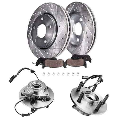 Image of Detroit Axle - Front Wheel Bearing Hubs Brake Kit for 2006-2009 | Dodge Ram 1500 [5 Lug] Drilled & Slotted Brake Rotors Ceramic Brake Pads Wheel Bearing Hubs Assembly 2007 2008 Replacement