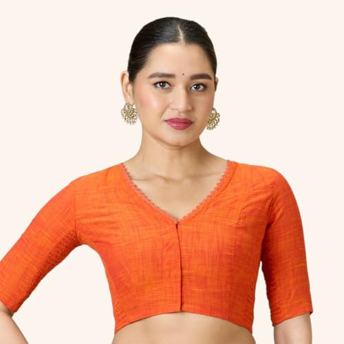 Image of Studio Shringaar Women's Handloom Cotton Side Stretchable (Smocked) Readymade Saree Blouse with Crochet Neckline