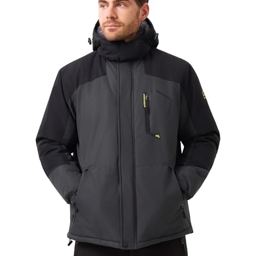 Aureonus Herren Winterjacke Warm Gefüttert Jacke Wasserdicht Wasserdicht Wanderjacke Fleece Kapuzenjacke Thermo Outdoorjacke für Männer Dunkelgrau-Schwarz L