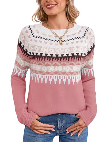 Image of Women's Fair Isle Sweater Crew Neck Long Sleeve Heart Sweater Vintage Tops