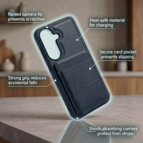 Image of amazon basics Premium Vegan Leather Back Cover with Card Holder and Integrated Mobile Stand for Samsung Galaxy S26 5G - Slim Shockproof Wallet Case with Geometric Stitching [Blue]