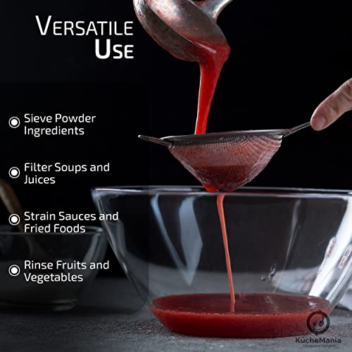 KüChe Mania Stainless Steel Sieve Set - Strong, Sturdy Handles Set Of 3 Sieve Mesh, 7Cm, 12Cm, And 18 Cm Stainless Steel, Rust Free Strainers And No Sharp Edges (Set Of 3) - 6