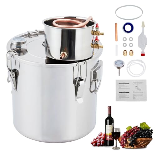 Alcohol Still 10 Gal 38L Stainless Steel Alcohol Distiller Copper Tube Spirit Boiler With Build-In Thermometer for Home Brewing DIY Whisky Wine Brandy Making