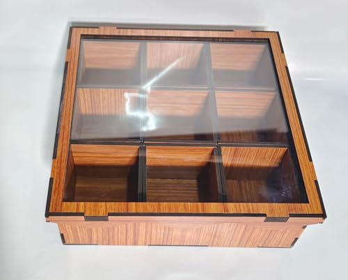 Image of Shyre Wooden Masala Box (6 Detachable Container Rectangular) Antique Lock & Spoon|Spice-Fit Tabletop Glass Lid | Multipurpose Dry Fruit |Kitchen Masala Dani(Handcraft Sheesham Wood, Brown)