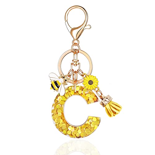 Laxpicol Gold Letter C Keychain For Women Purse Handbags Honey Bee Gold Sequins Resin Alphabet Initial Letter #TOP25