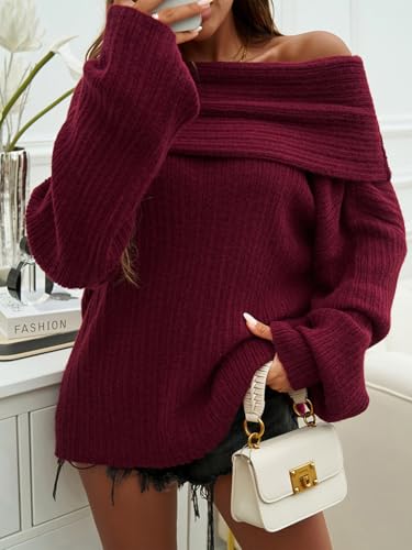 Tbahhir Off The Shoulder Oversized Sweaters for Women Batwing Long Sleeve Chunky Slouchy Cable Knitted Pullover Tops2