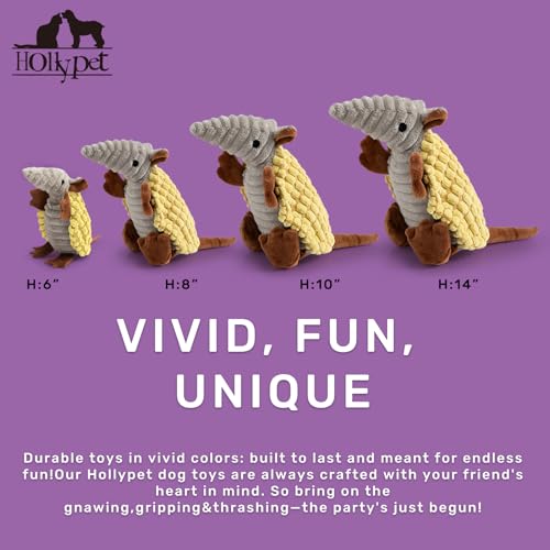 Image of Hollypet Plush Dog Squeaky Toy Stuffed Armadillo Animal Pet Puppy Chew Toys with Clean Teeth for Small Medium Large All Breed Sizes Dogs, Yellow, 8 in