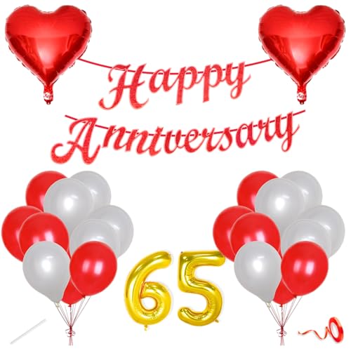 Image of Flyloons 65th Happy Anniversary Decoration Items Red White for Men Women Husband Wife Mom Dad Parent Couple Home Bedroom Car With 20 Pcs Metallic Balloons Anniversary Banner 2 Pcs Heart Set Kit