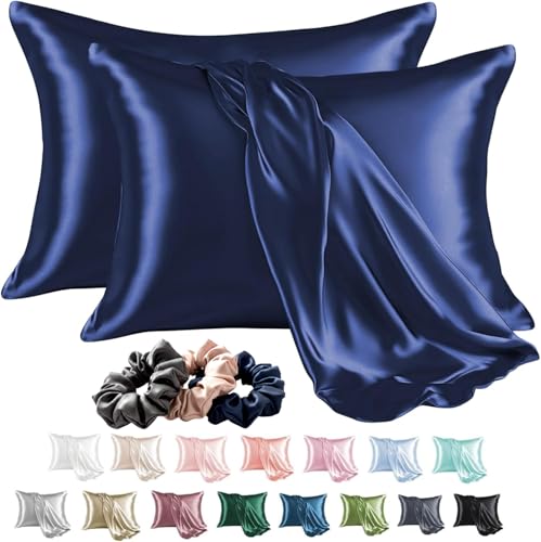 Image of SKVM Satin Silk Pillow Covers Set of 4 for Hair and Skin scrunchies Set for Women 3-Pieces Pillowcase Soft Breathable Smooth Sleeping Envelope Closure Cover Bed Anti Frizz 18 inchX 28 inch (4, Navy Blue)