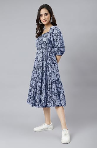 Image of Janasya Women's Cotton Floral Print Flared Dress