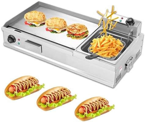 Commercial Electric Griddle with Deep Fryer - Indoor Flat Top Grill for Cooking, Non-Stick Surface, Adjustable Temperature, Ideal for Restaurants and Home Chefs