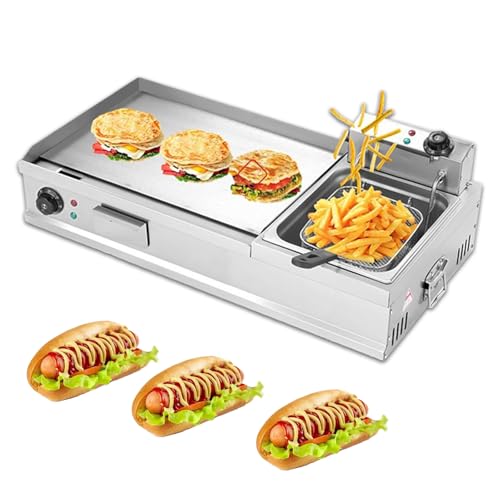 MJMLUCK Planchas eléctricas para cocinar en Interiores con freidora, Plancha eléctrica Comercial de Superficie Plana con Rejilla para sazonar (S) (Plateada Grande)