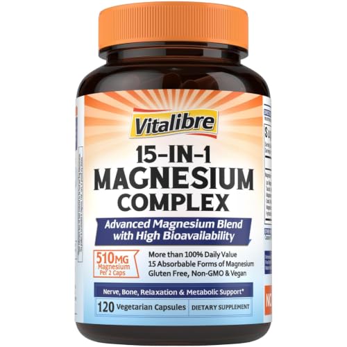Vitalibre 15 in 1 Magnesium Complex 510mg for Women & Men, 120 Capsules